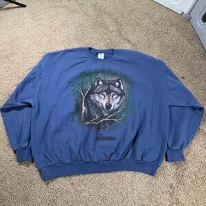 VTG Zoo America Wolf Sweatshirt Size 2XL Blue Graphic Crewneck Nature Wildlife